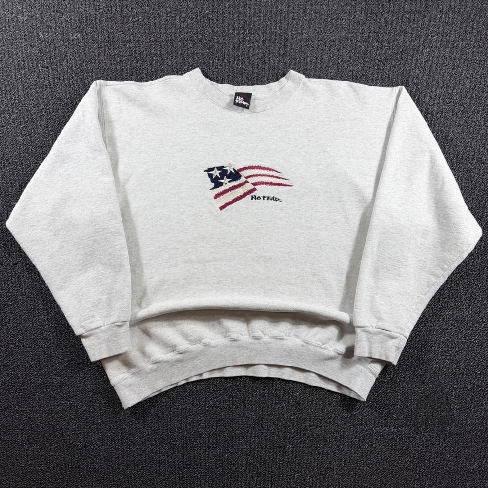 Vintage 90s No Fear‎ Sweatshirt Men's L Grey Embroidered American Flag USA Made